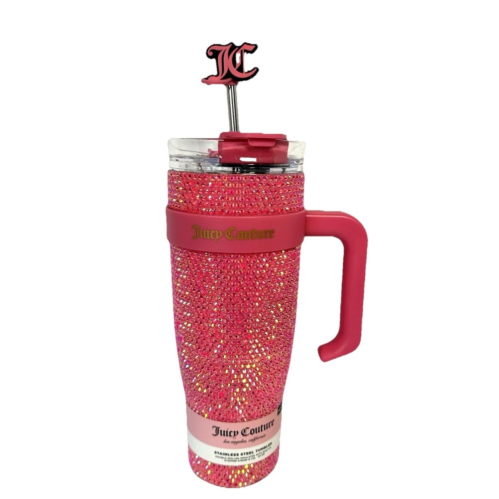 Juicy Couture Hot Pink Rhinestone 40oz Tumbler Logo Straw Bling‎ Cup Handle